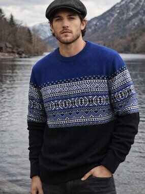 John Bartlett Men’s Cotton Sweater • Nordic Fair Isle Knit • Royal Blue Heritage